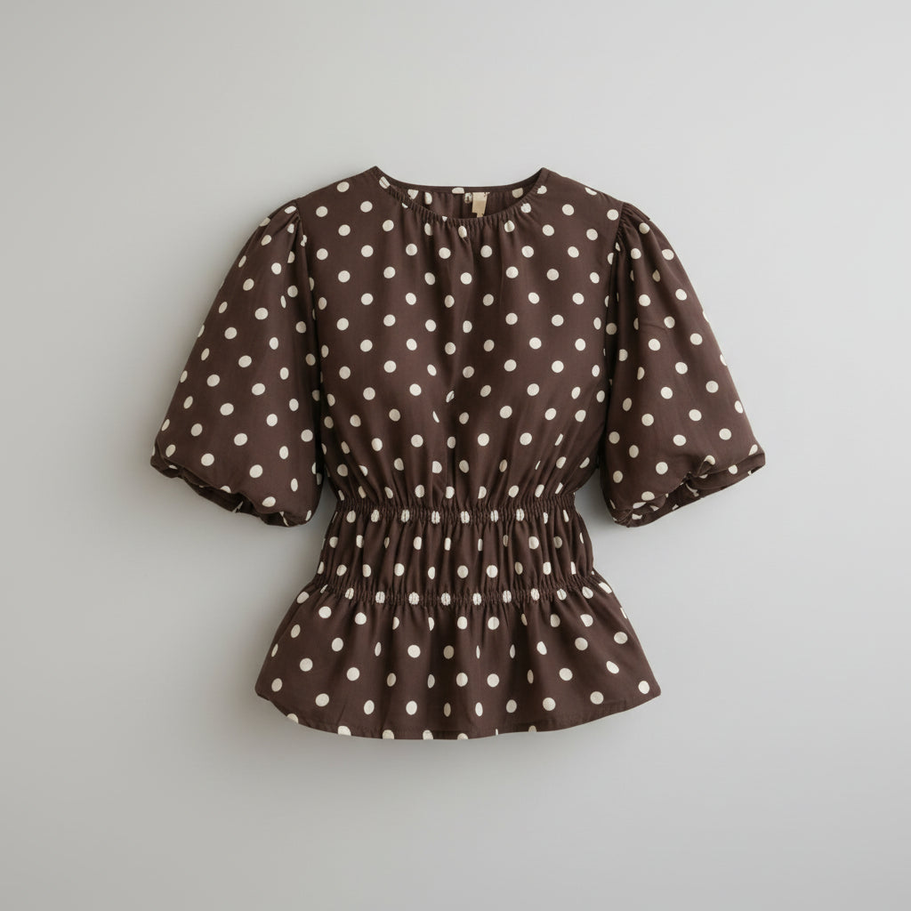 Polka dot top met pofmouw Tara Bruin