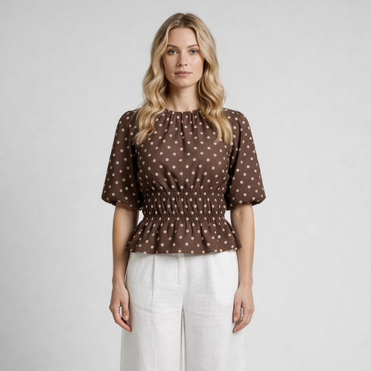 Polka dot top met pofmouw Tara Bruin