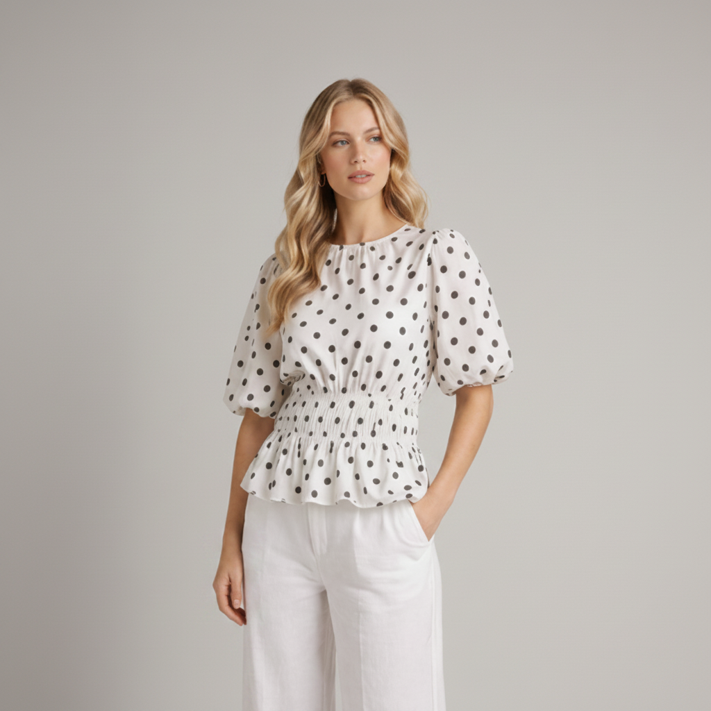 Polka Dot top met pofmouw Tara Wit