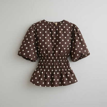 Polka dot top met pofmouw Tara Bruin